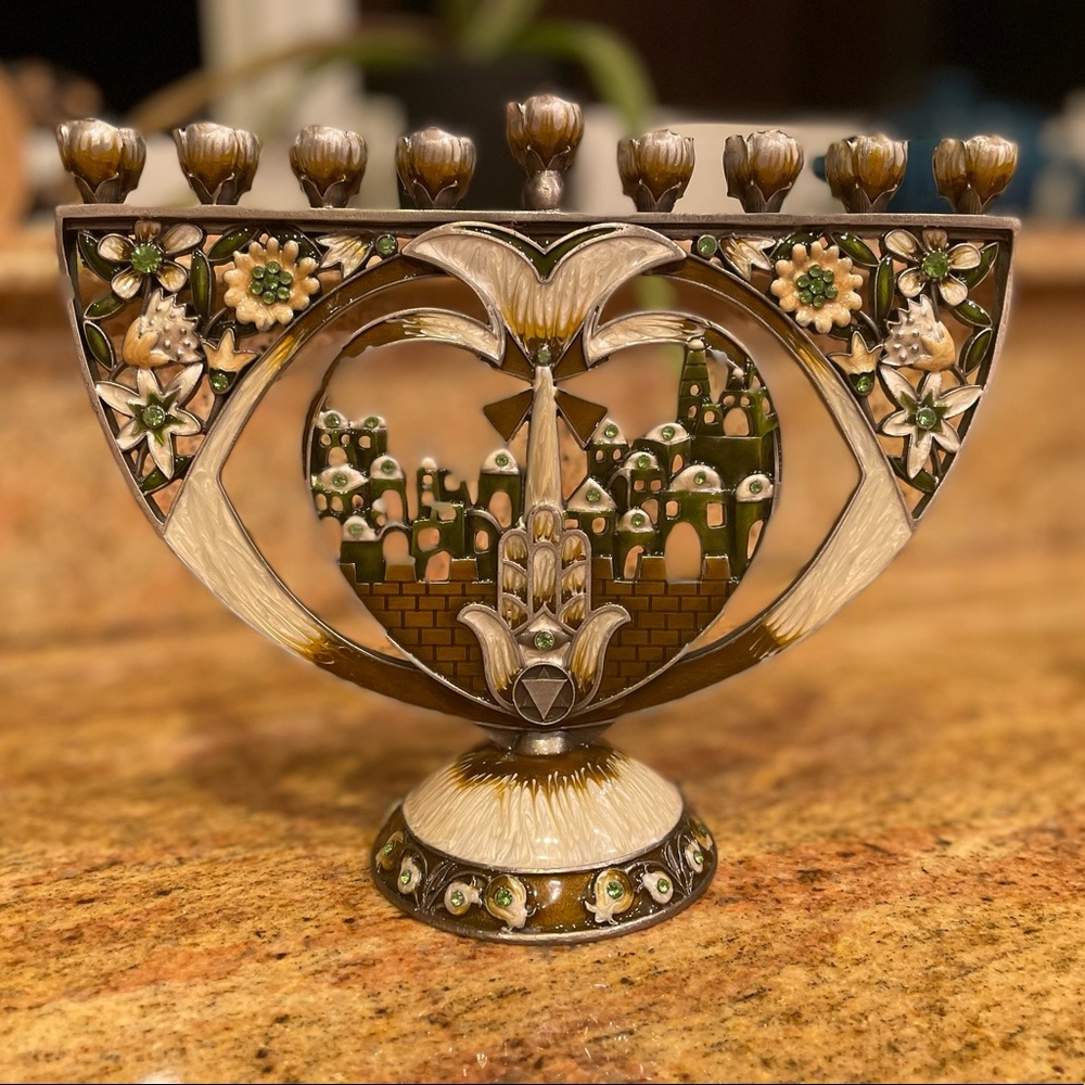 Hand Painted Brown and Cream Enamel Menorah Candelabra